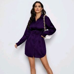 SHEIN BAE Drop Shoulder Ruched Waist Satin Shirt Dress